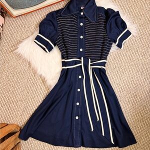 Vintage Retro 1960 Blue & White Button-Up Dress with Belt, Union Made